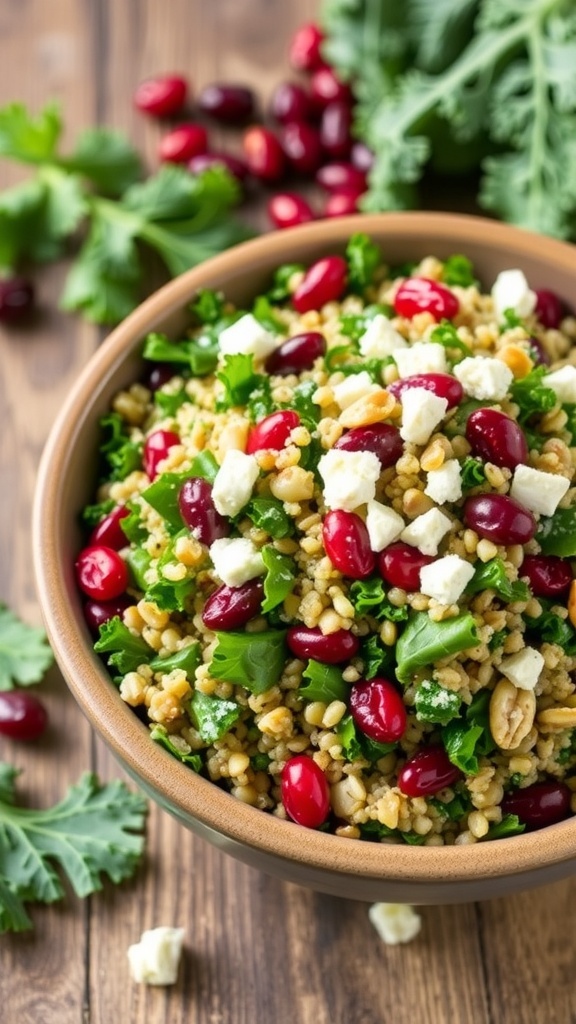 A vibrant quinoa salad with kale, dried cranberries, nuts, and feta cheese in a rustic bowl.